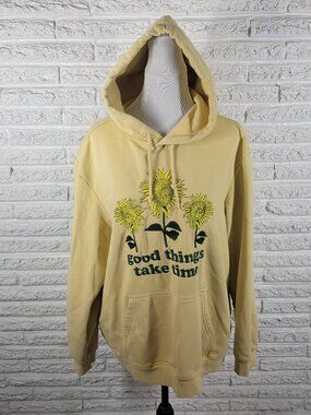 HM Hoodie Sweatshirt XL Womens Yellow Sunflower Embroidered Pullover Top SWE181E